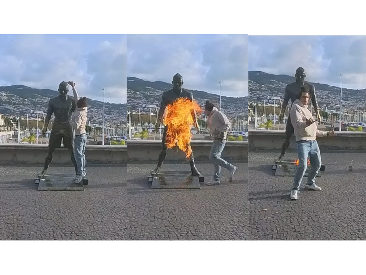 Incendian estatua de Cristiano Ronaldo frente al Museo CR7 en Funchal, Portugal