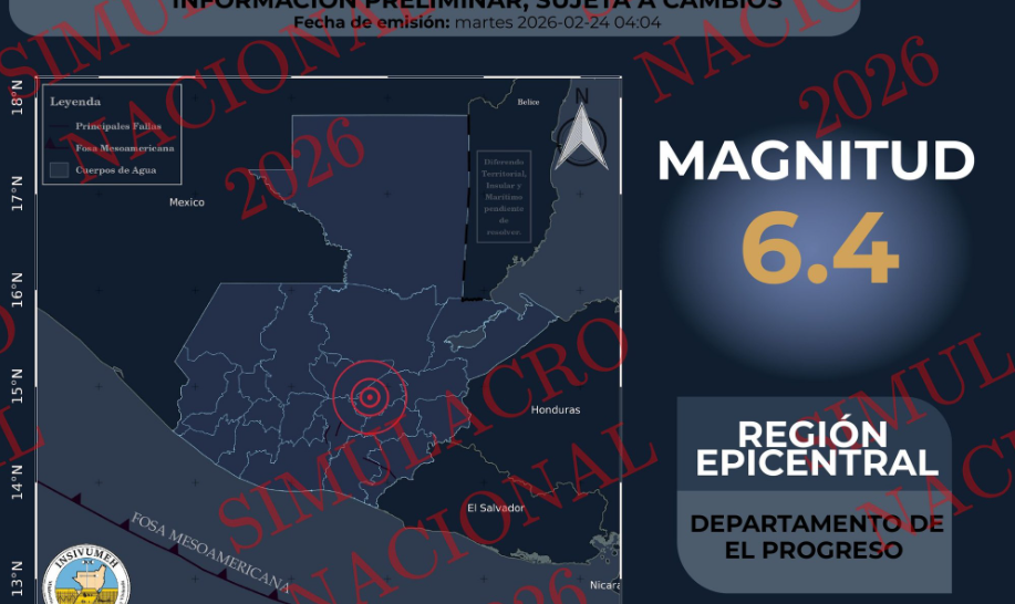 Guatemala activa simulacro nacional 2026 con temblor simulado de magnitud 6.4 en El Progreso