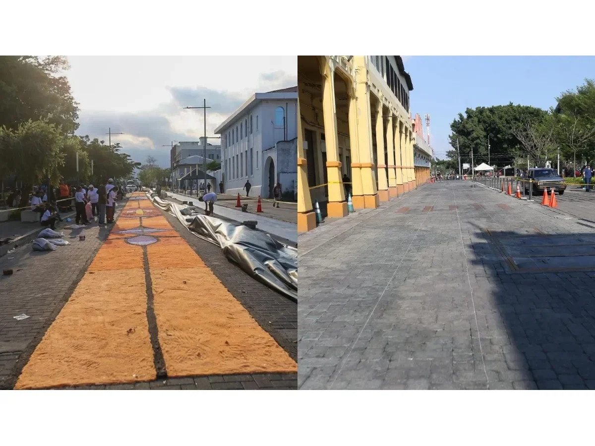 Lluvias afectan la mega alfombra de sal en el Centro Histórico de San Salvador, que busca ser la más grande de Centroamérica