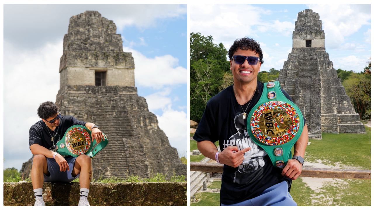 Lester Martínez exhibe con orgullo su cinturón mundial en Tikal, símbolo de su triunfo y raíces peteneras